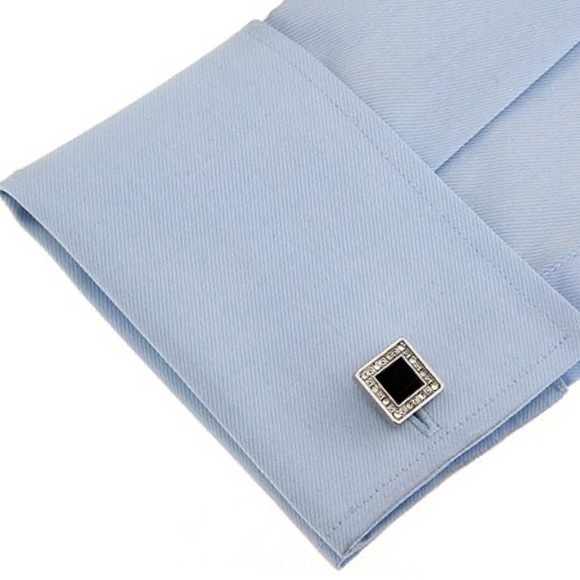 Elegant Black Obsidian and Silver Crystal Square Cufflinks - Picture 2 of 16